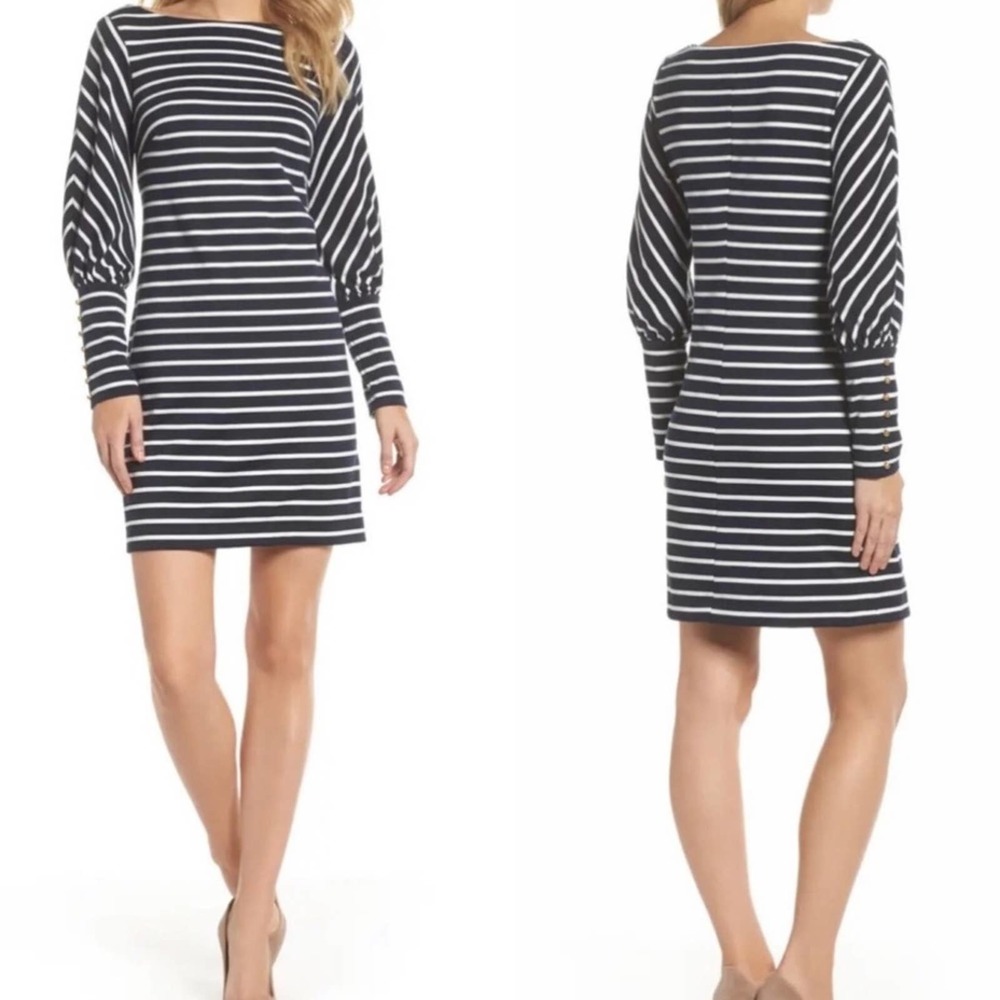 Vince Camuto black & white mini striped Long puffy sleeveless N…
